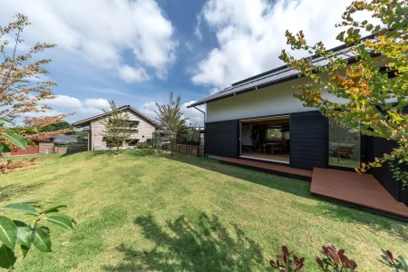 ワンちゃんたちがのびのびと駆け回れる芝庭。夏の強い日差しを和らげる木陰の居場所も設えました。